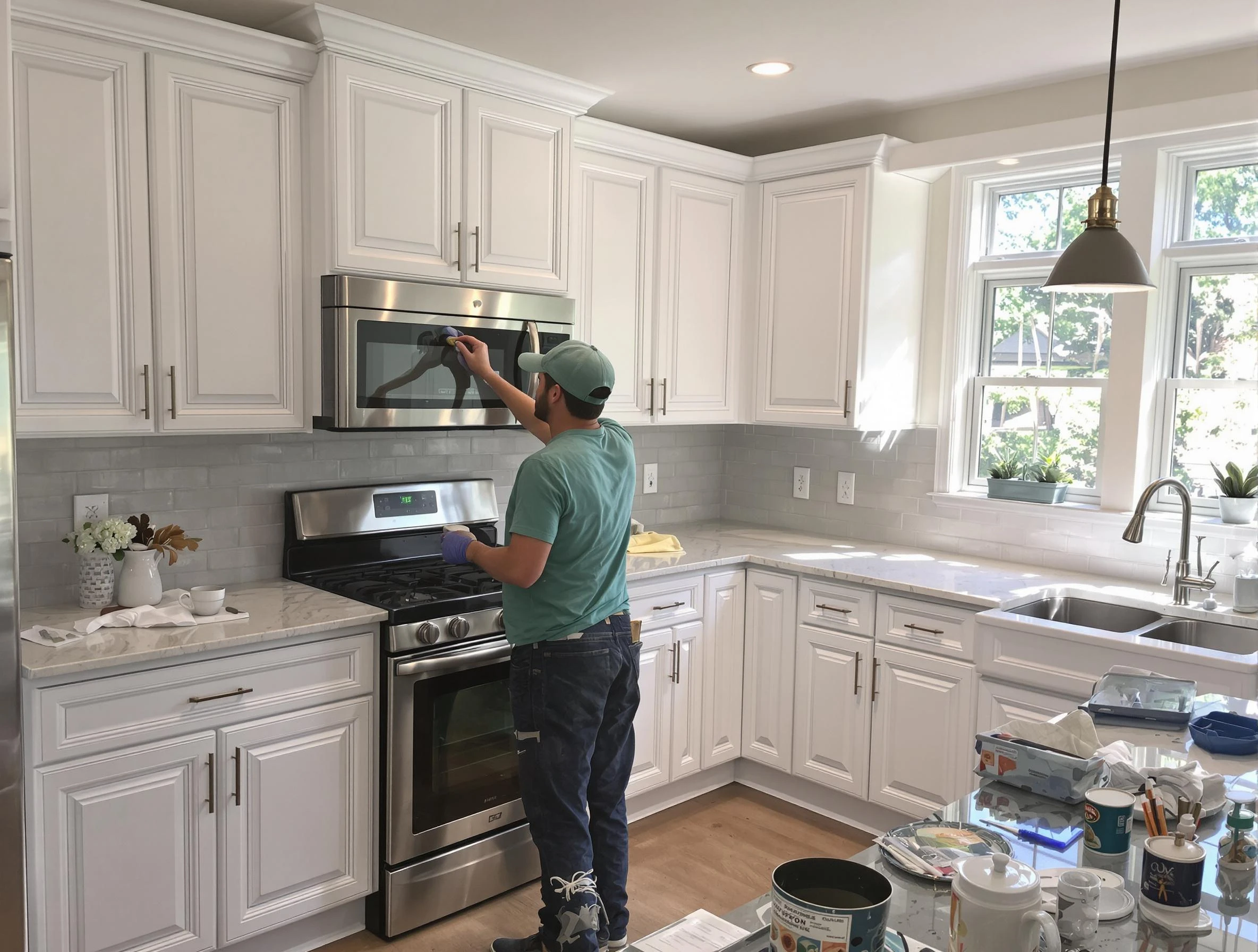 Kitchen cabinets being refinished by Guadalupe House Painters in Guadalupe, AZ